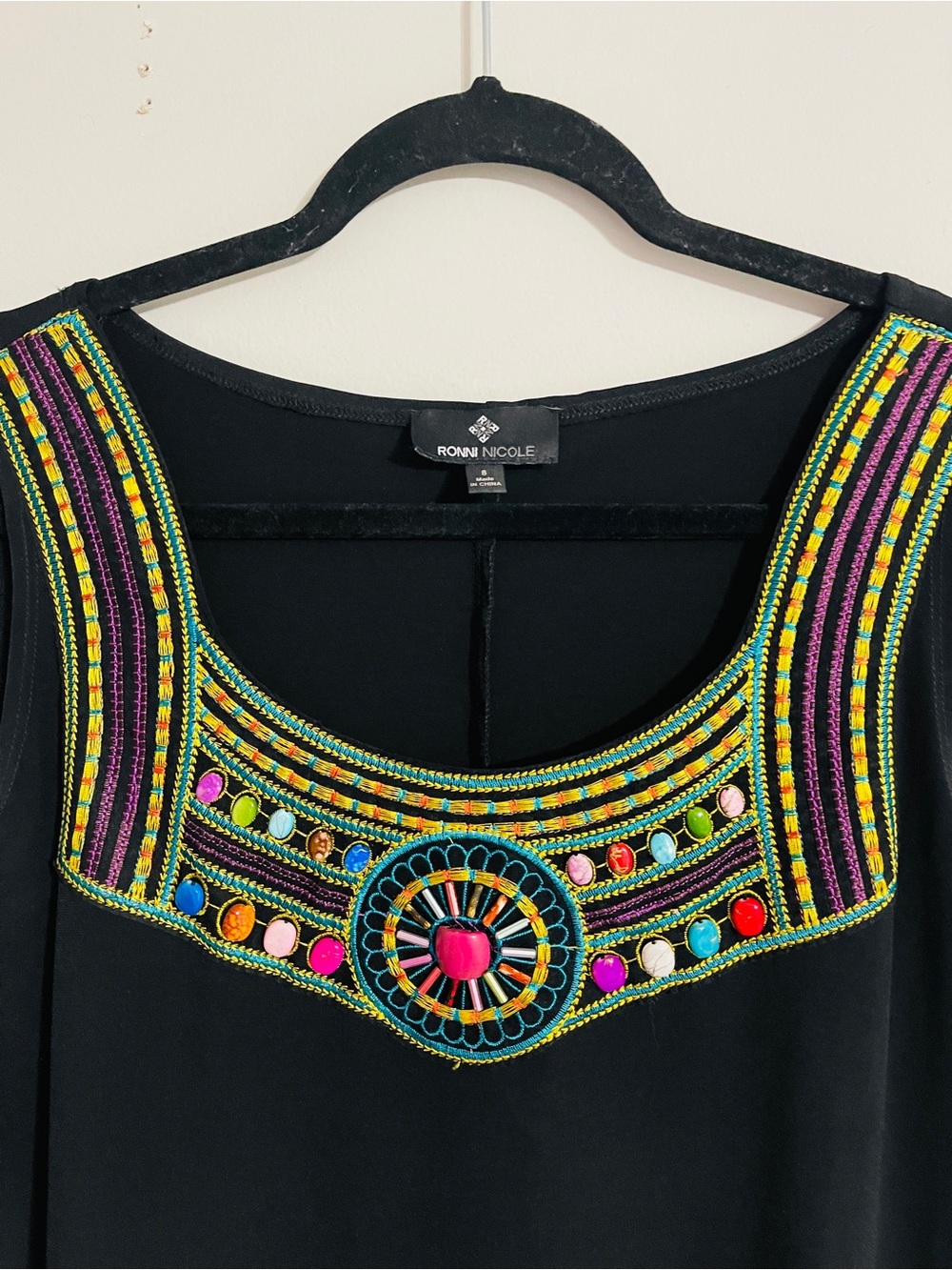 Vintage 90’s Ronni Nicole Black Boho Chic Sleeveless Mini Dress Beaded Neck Sz 8 - Picture 4 of 16